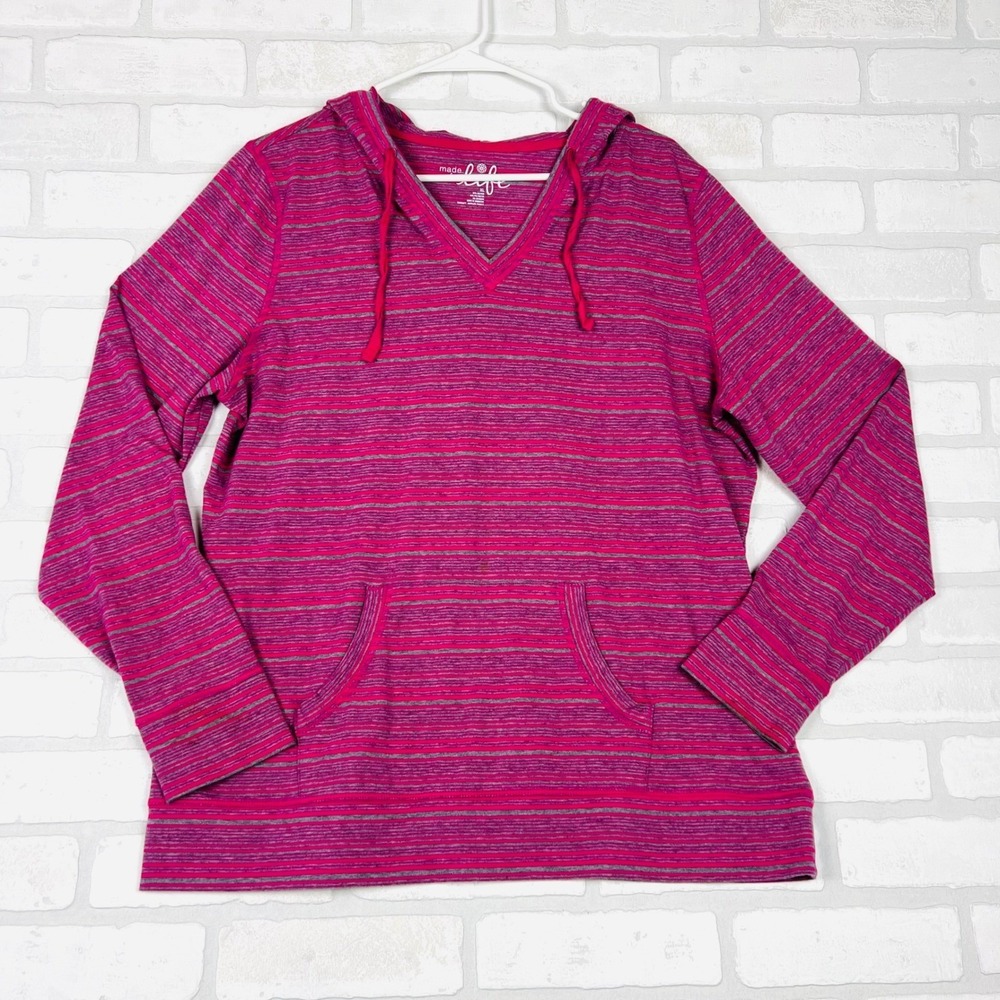 Made For Life Womens Pink Grey Striped V-Neck Hoodie Kangaroo Pocket XL